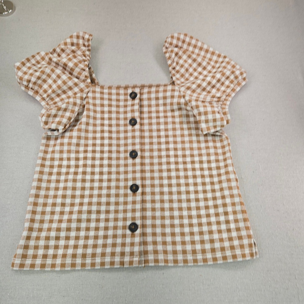 Madewell Gingham Jacquard Square Neck Puff Sleeve Button Front Top Brown Size S